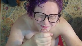 Topless Liza sucks Andy'_s cock and jerks cum onto her face!
