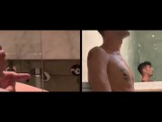 Two angles - big cock and face expressions - intense quick jerk off and cum in the bathroom