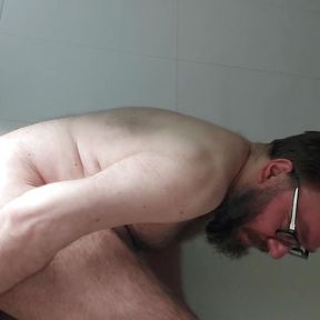 Chastity locked bear dildo fuck