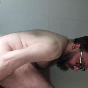 Chastity locked bear dildo fuck