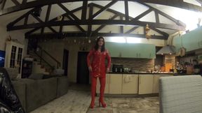 Red Leather Dress and Thigh High Boots Tease. Tight Fit, No Bra and Pure Anticipation