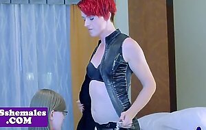Stockinged tgirl toys bound tranny in twosome