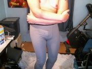 Desperately holding in band new leggings. Wet myself and cum