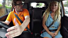 Blonde with glasses gives sloppy titjob in car reverse cowgirl and handjob