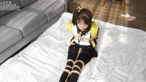 xy10-cosplay girl with black stockings and single ponytail is bound by a rope and struggles