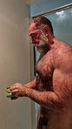 Hairy Muscle Bear Flexes and Showers