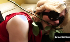 Busty submissive plays dual roles with flower and cock