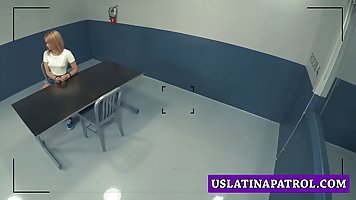 Latin blonde is eagerly sucking dick in the interrogation room and getting fucked hard, from behind
