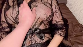 The stepsister in beautiful panties and lace allowed her to touch her breasts, and received a portion of sperm on her bare ass!