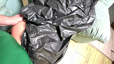 Trash Bag Slut Roleplay. Plastic Fetish MILF Deepthroat, Doggy and Double Cum on Shiny Bag