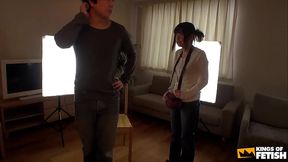 Japanese babe gets a photo shoot and blows deep a handsome guy