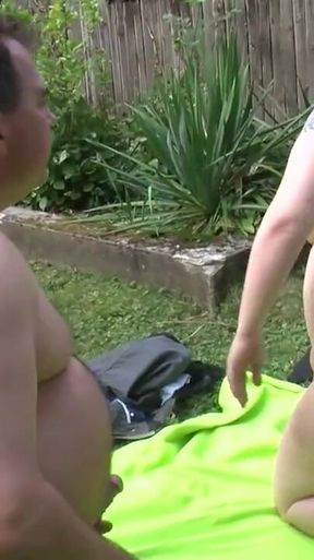 Big ass mature couple pussy fucking in the garden