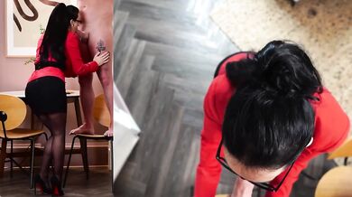 POV secretary in pantyhose heels and glasses gets throat fucked by her boss