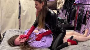 Faceslapping and hand over mouth in red long leather gloves