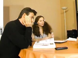 Fascinating French teen screwing with 2 studs after doing homework