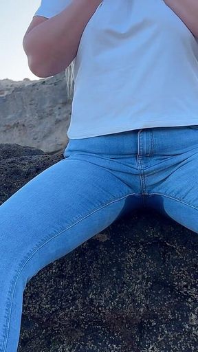 Peeing in Tight Jeans on the Beach