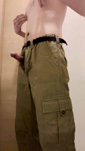 Wear cargo pants and secretly masturbate in the toilet. ejaculation while playing with nipples.