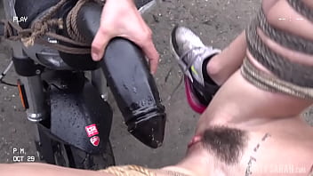 Dirty Sarah's tiny pussy stretched by giant black dildo