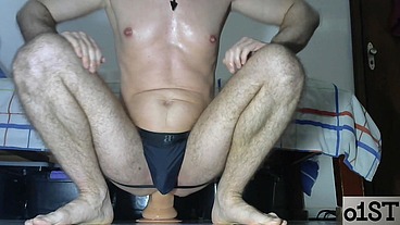 Man with shaved body having fun with his toys