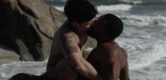 Appealing men fuck by the rocks in outdoor threesome and share great details