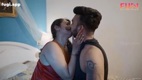 Brunette bombshell with huge Indian ass gets handjobs from two big dicks