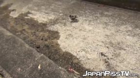 Watch this hairy Japanese chick pee in her panties outdoors while getting a call from nature