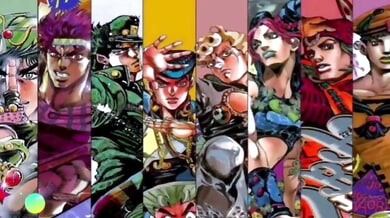 Compilation of JoJo's Bizarre Adventure anime art and digital interfaces