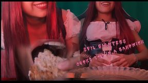 Evil giantess cooks you in a delicious sandwich