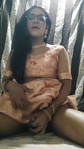 Desi Indian Shemale Cumming in Traditional Lehanga and Eating Her Own Cum