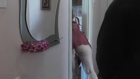 Beautiful MILF in Transparent Peignoir Without Panties Opens Door to Pizza Delivery Man Part 1