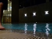 Teen after a workout in the gym and pool, jerking off his cock in a public sauna