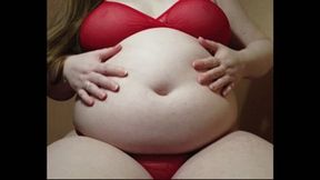 Gentle playing with huge fat belly & big boobs in red lingerie