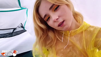 Teen girl sucks cock in a rough outdoor tent scene