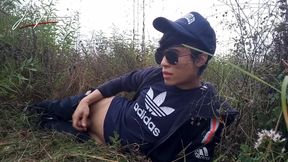 Asian Twink Jerks Smooth Cock Wet Outside French Rain Cumshot