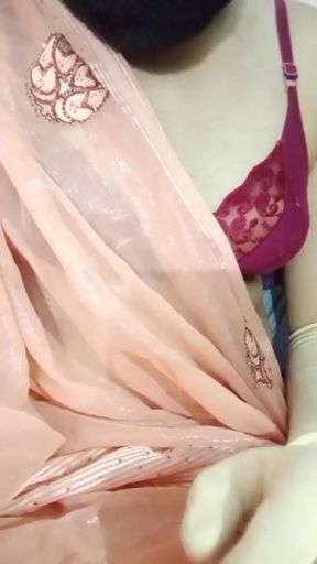 Indian Crossdresser Bottom Gaurisissy Feeling Horny for Sex in Silky Saree with Heavy Jwellery
