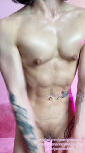 Petite and cute Asian muscle girl oils her six-pack abs and flexes