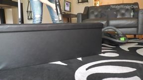 Vacuum of my filthy rug, suctioning the floor corners & fabric stool covered in kitty hair
