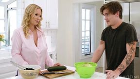 Premium blonde cougar hints at having sex and jumps on stepson's cock