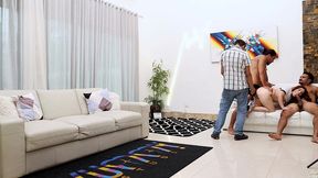 behind the scene from cute young brazilian nicole oliveira fucks 2 big studs with double penetration, squirting ,footjob and swallows their loads