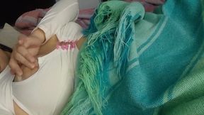 Hot stepsister masturbates her milky pussy while her stepbrother rests in the same bed