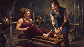 Gym girl in the workout dungeon has her stinky feet tickled by a sadistic kinky personal trainer watch her writhe about in agony