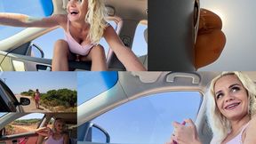 Hitchhiker peeing 3 times through the window of a car in motion