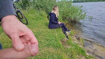 Man Flashes Cock in Public and cumshot near blonde girl