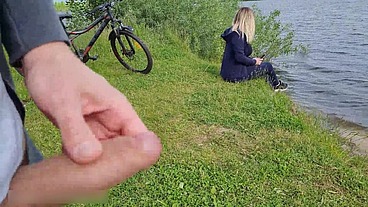 Man Flashes Cock in Public and cumshot near blonde girl