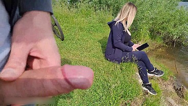 Man Flashes Cock in Public and cumshot near blonde girl