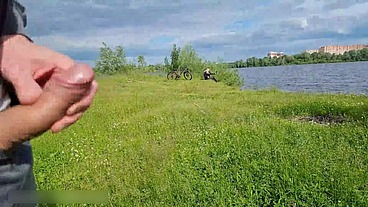 Man Flashes Cock in Public and cumshot near blonde girl