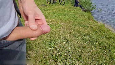 Man Flashes Cock in Public and cumshot near blonde girl
