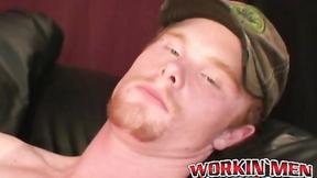 ”Redhead amateur tugging his long heavy meat & blasting cum”