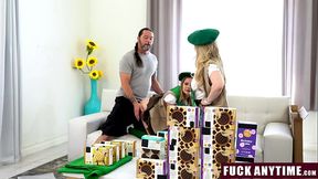 Teen girlfriends in sexy aprons sell cookies and suck cock
