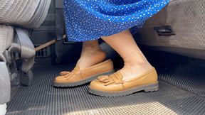 shoe play with sweaty feet while waiting in vintage beige loafers